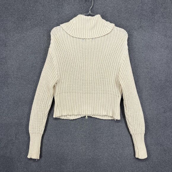 Aerie Sweater Cardigan Womens Medium Cream Zip Front Cowl Neck Cropped Knit - Picture 2 of 16